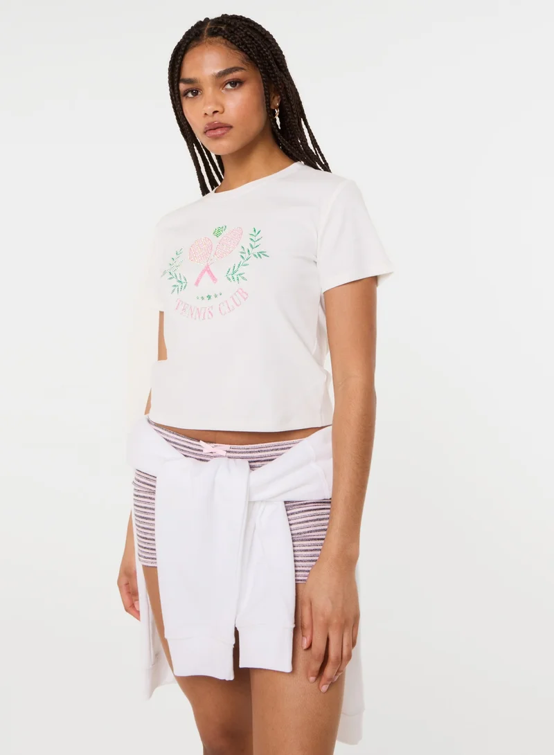 بينك فانيلا Tennis Club Embellished T-Shirt